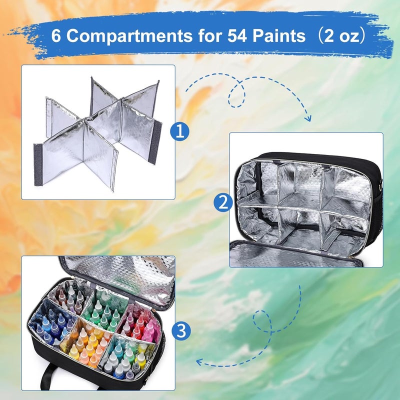 Kuosdaz Acrylic Paint Organizers Fits up to 54 Bottles 2 oz, Art Supply Storage Case with Handle Strap & Shoulder Strap, Craft Paint Bottle Storage Organizer with Brush Storage, Black - Image 4